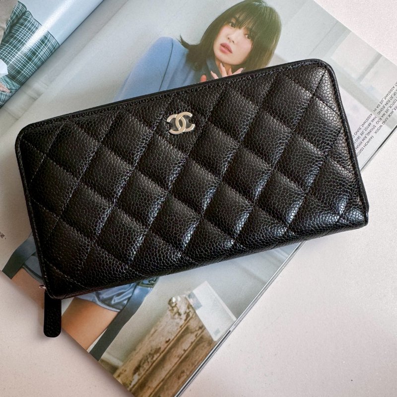 💥全新商品 💥Chanel 黑色荔枝銀雙C拉鍊長夾-0