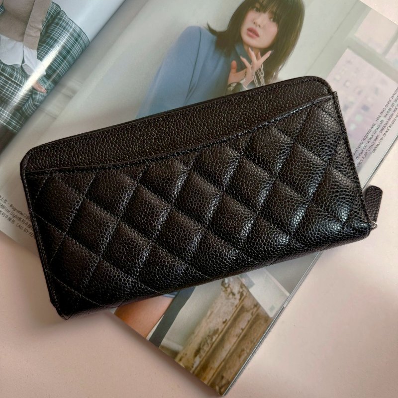 💥全新商品 💥Chanel 黑色荔枝銀雙C拉鍊長夾-1