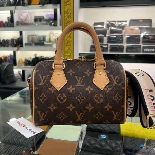 東區正精品㊣LV M46234 SPEEDY 20CM 原花字紋迷你黑色拚粉色手提肩背背帶兩用波士頓包-0