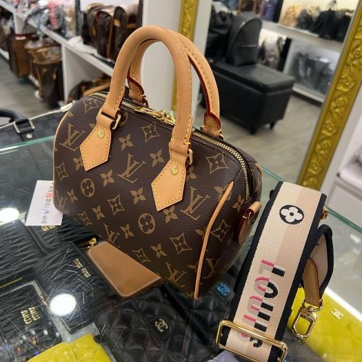 東區正精品㊣LV M46234 SPEEDY 20CM 原花字紋迷你黑色拚粉色手提肩背背帶兩用波士頓包-1