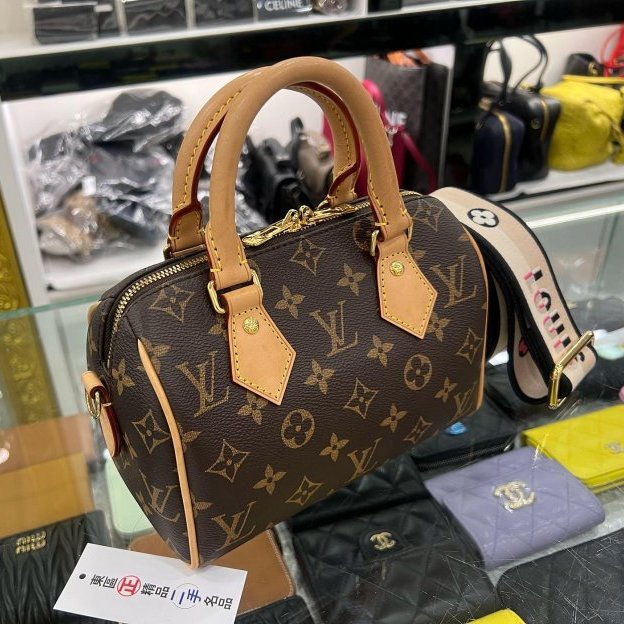 東區正精品㊣LV M46234 SPEEDY 20CM 原花字紋迷你黑色拚粉色手提肩背背帶兩用波士頓包-2