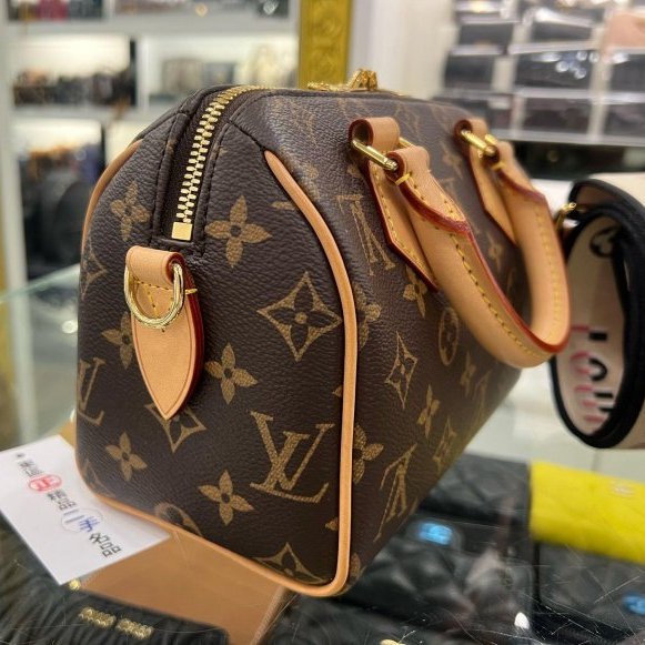 東區正精品㊣LV M46234 SPEEDY 20CM 原花字紋迷你黑色拚粉色手提肩背背帶兩用波士頓包-3