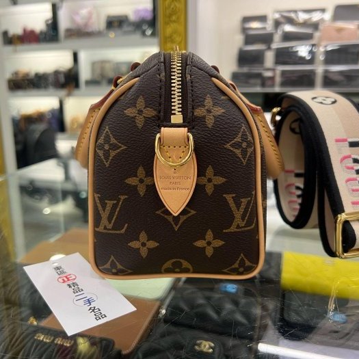 東區正精品㊣LV M46234 SPEEDY 20CM 原花字紋迷你黑色拚粉色手提肩背背帶兩用波士頓包-4