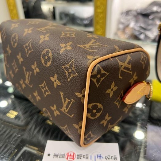 東區正精品㊣LV M46234 SPEEDY 20CM 原花字紋迷你黑色拚粉色手提肩背背帶兩用波士頓包-8