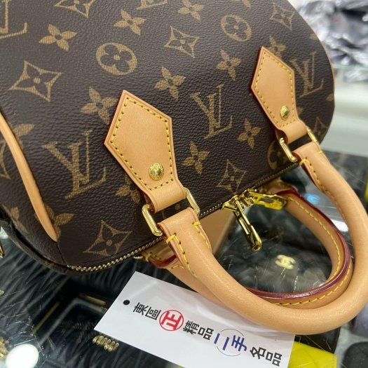 東區正精品㊣LV M46234 SPEEDY 20CM 原花字紋迷你黑色拚粉色手提肩背背帶兩用波士頓包-9