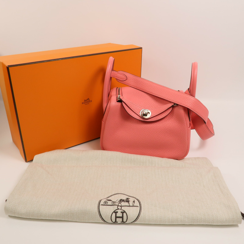 HERMES Clemence皮革Mini Lindy手挽肩背兩用袋Rose Azalee-9