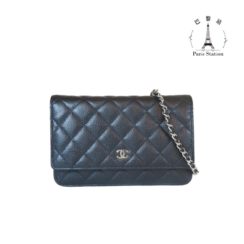 【巴黎站二手名牌專賣店】＊現貨＊CHANEL 香奈兒 真品＊黑色菱格紋荔枝皮革銀雙C鏈包 WOC斜背包-0