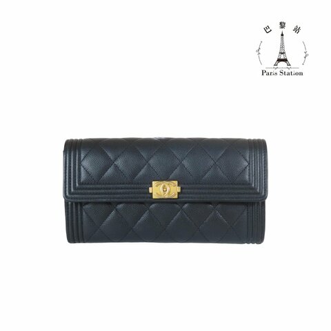 【巴黎站二手名牌專賣】＊現貨＊CHANEL 真品＊黑色荔枝皮革金BOY釦式長夾