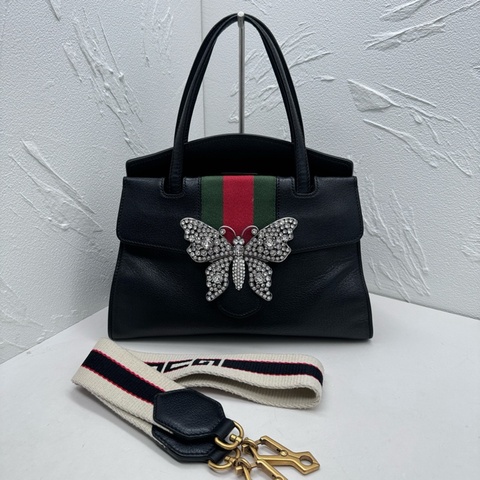 Gucci古馳totem中號黑色全皮蝴蝶鑽扣單肩斜挎手提包