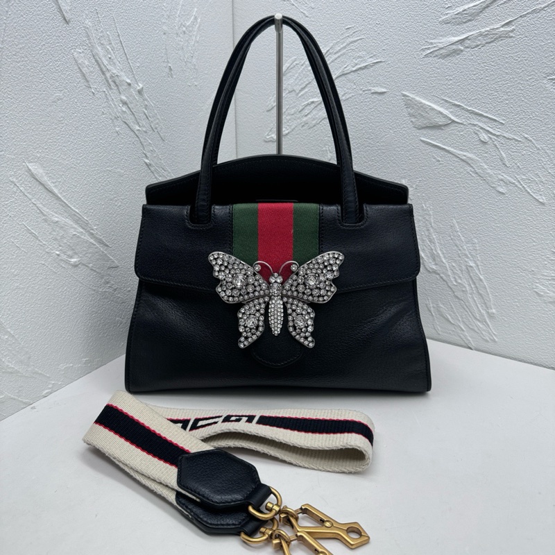 Gucci古馳totem中號黑色全皮蝴蝶鑽扣單肩斜挎手提包-0