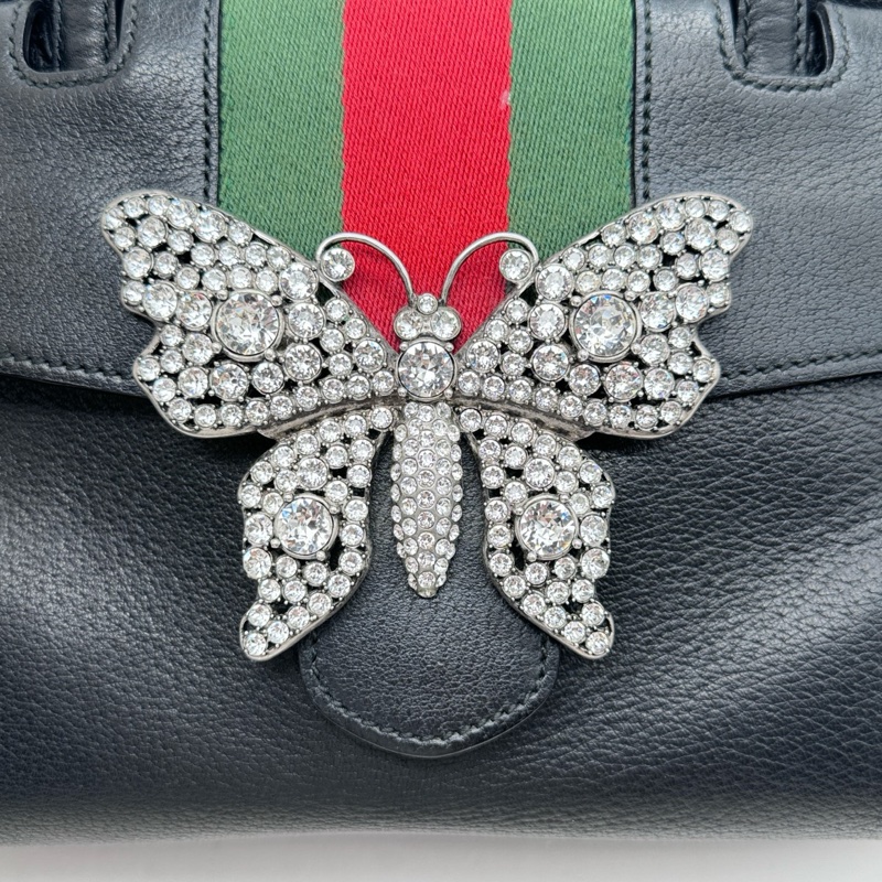 Gucci古馳totem中號黑色全皮蝴蝶鑽扣單肩斜挎手提包-4