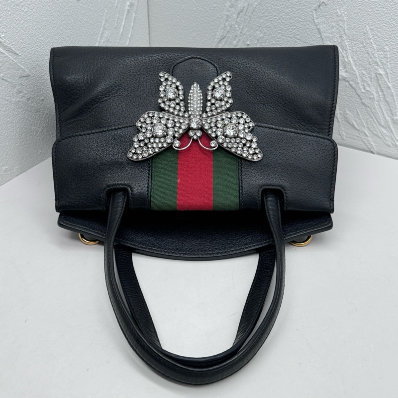 Gucci古馳totem中號黑色全皮蝴蝶鑽扣單肩斜挎手提包-5