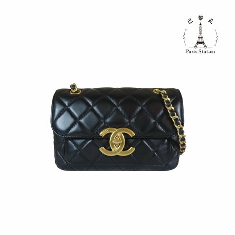【巴黎站二手名牌專賣店】＊現貨＊CHANEL香奈兒真品＊黑色菱格紋皮革大金雙C掀蓋鍊包