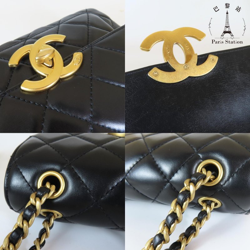 【巴黎站二手名牌專賣店】＊現貨＊CHANEL香奈兒真品＊黑色菱格紋皮革大金雙C掀蓋鍊包-7