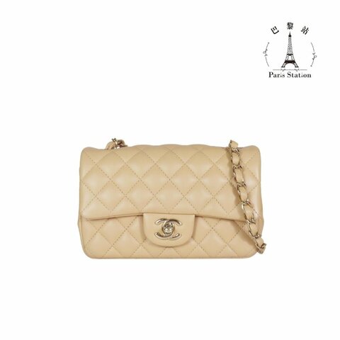 【巴黎站二手名牌專賣】＊現貨＊CHANEL 真品＊奶茶色菱格紋皮革淡金COCO 20肩背鏈包
