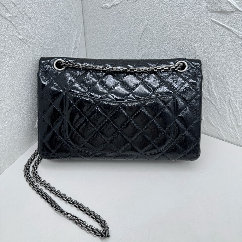 Chanel香奈兒2.55中號黑銀漆皮雙蓋單肩斜挎鏈條包-1