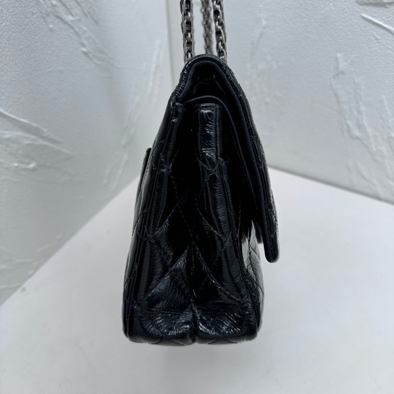 Chanel香奈兒2.55中號黑銀漆皮雙蓋單肩斜挎鏈條包-2