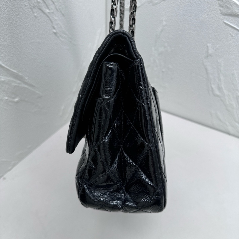 Chanel香奈兒2.55中號黑銀漆皮雙蓋單肩斜挎鏈條包-3