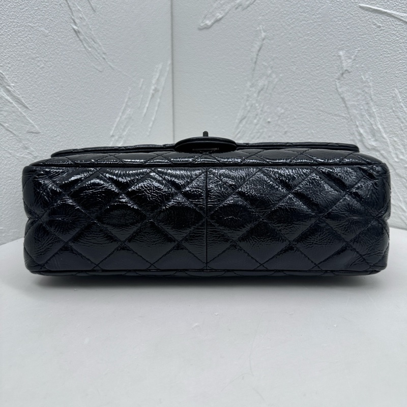 Chanel香奈兒2.55中號黑銀漆皮雙蓋單肩斜挎鏈條包-6