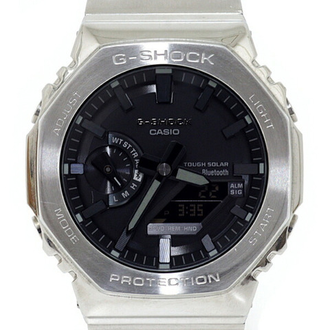 卡西歐 G-Shock GM-B2100 男士腕錶，八角形設計，全金屬錶殼，太陽能動力，20 ATM 防水，銀/黑色