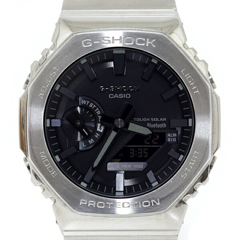 卡西歐 G-Shock GM-B2100 男士腕錶，八角形設計，全金屬錶殼，太陽能動力，20 ATM 防水，銀/黑色-0