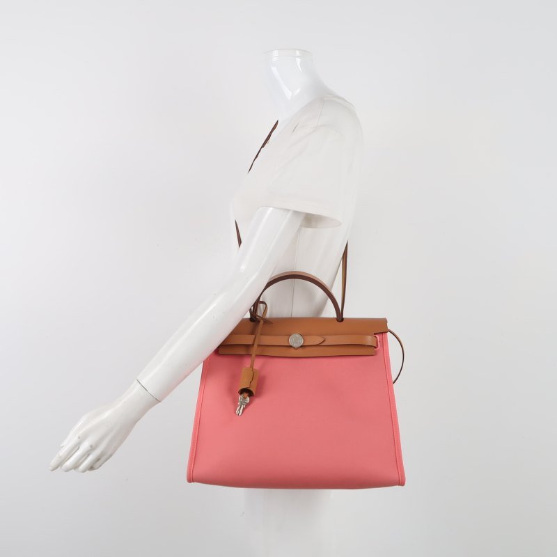 Hermes Herbag31馬鞍釘鎖扣斜挎包單肩包Hunter牛皮帆布銀扣粉色棕色Z刻-1