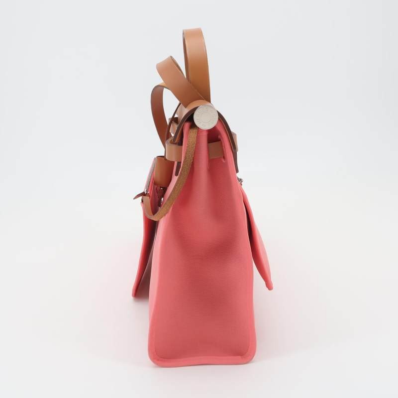 Hermes Herbag31馬鞍釘鎖扣斜挎包單肩包Hunter牛皮帆布銀扣粉色棕色Z刻-2