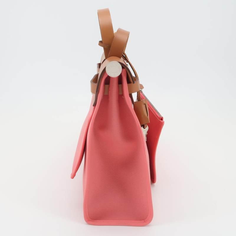 Hermes Herbag31馬鞍釘鎖扣斜挎包單肩包Hunter牛皮帆布銀扣粉色棕色Z刻-3