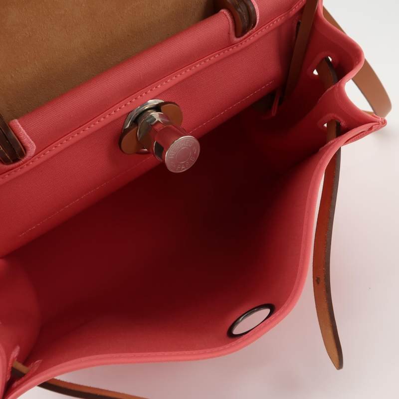 Hermes Herbag31馬鞍釘鎖扣斜挎包單肩包Hunter牛皮帆布銀扣粉色棕色Z刻-6