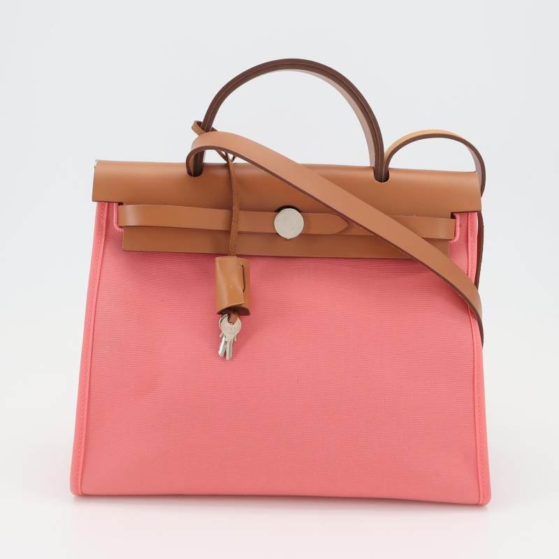Hermes Herbag31馬鞍釘鎖扣斜挎包單肩包Hunter牛皮帆布銀扣粉色棕色Z刻-7