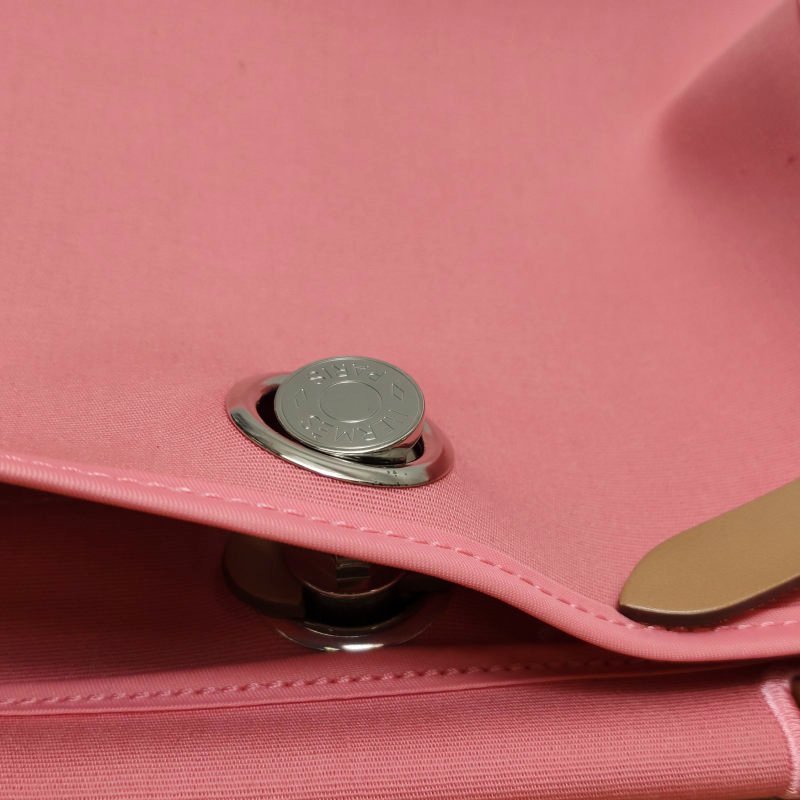Hermes Herbag31馬鞍釘鎖扣斜挎包單肩包Hunter牛皮帆布銀扣粉色棕色Z刻-12