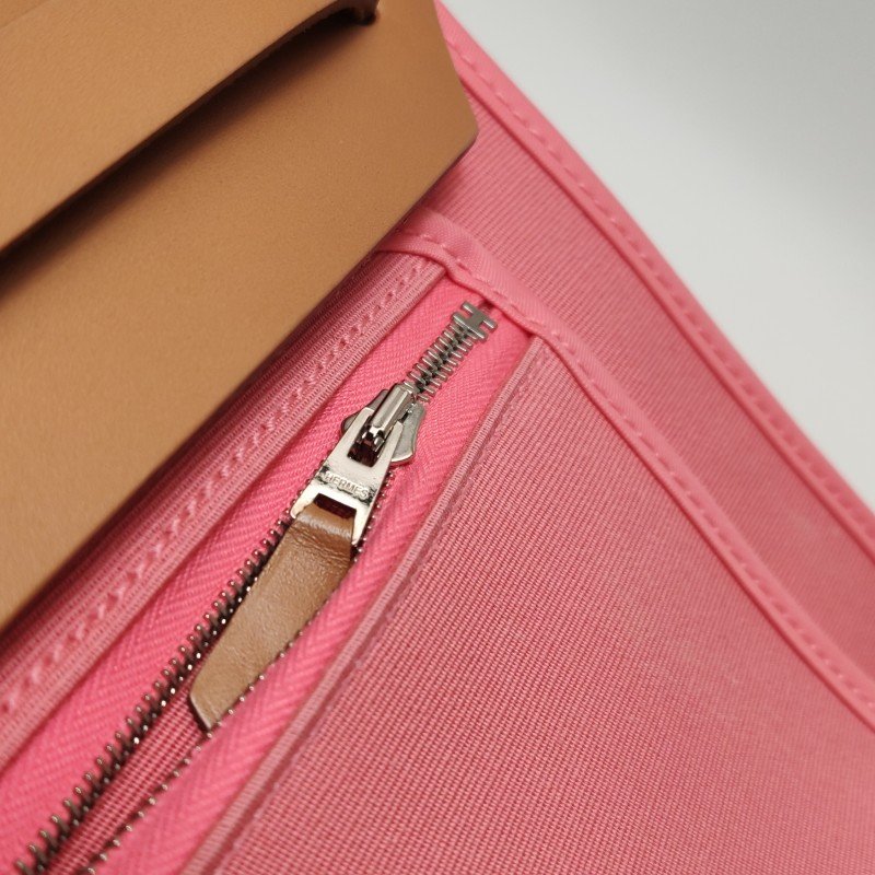 Hermes Herbag31馬鞍釘鎖扣斜挎包單肩包Hunter牛皮帆布銀扣粉色棕色Z刻-14