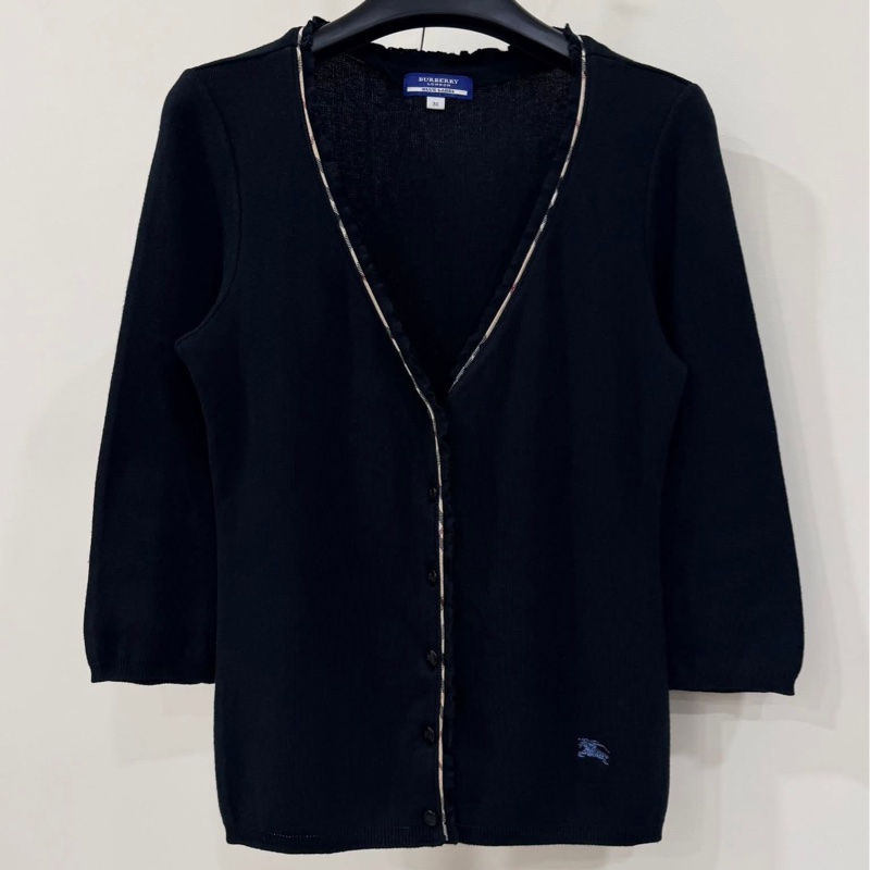 BURBERRY 藍標 黑色經典格紋滾邊針織戰馬開襟外套-1