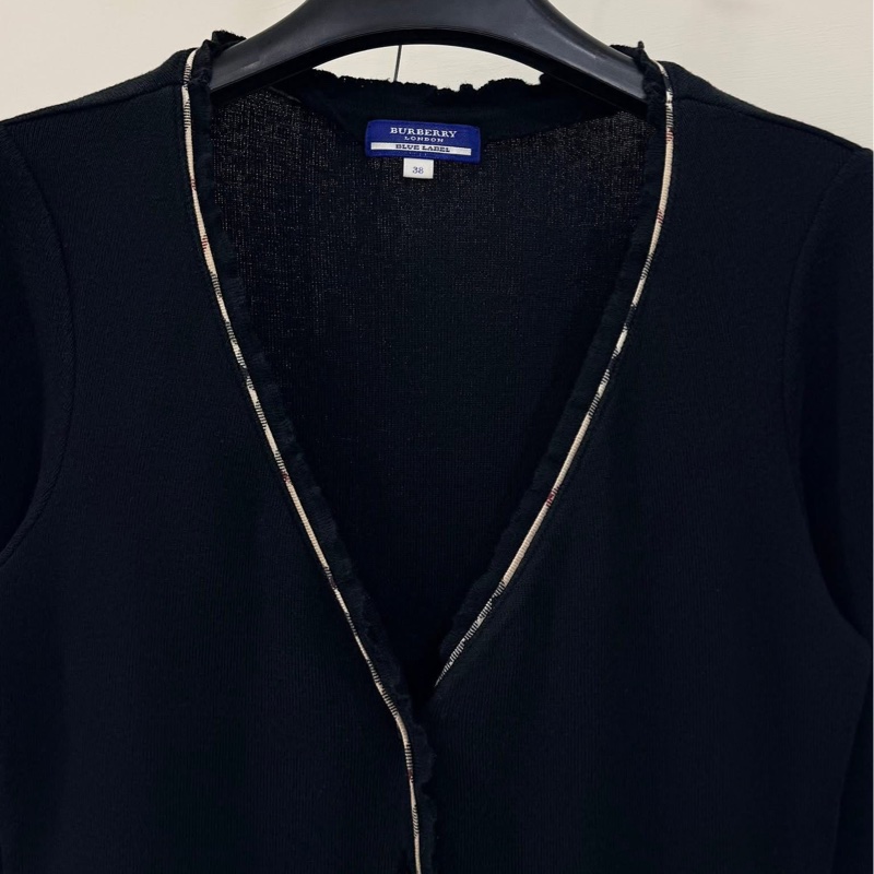 BURBERRY 藍標 黑色經典格紋滾邊針織戰馬開襟外套-3