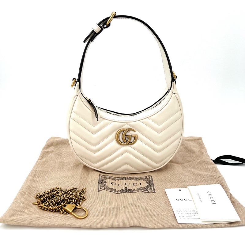 GUCCI 古馳 GG marmont Hobo 月亮包 白 未使用閒置-0