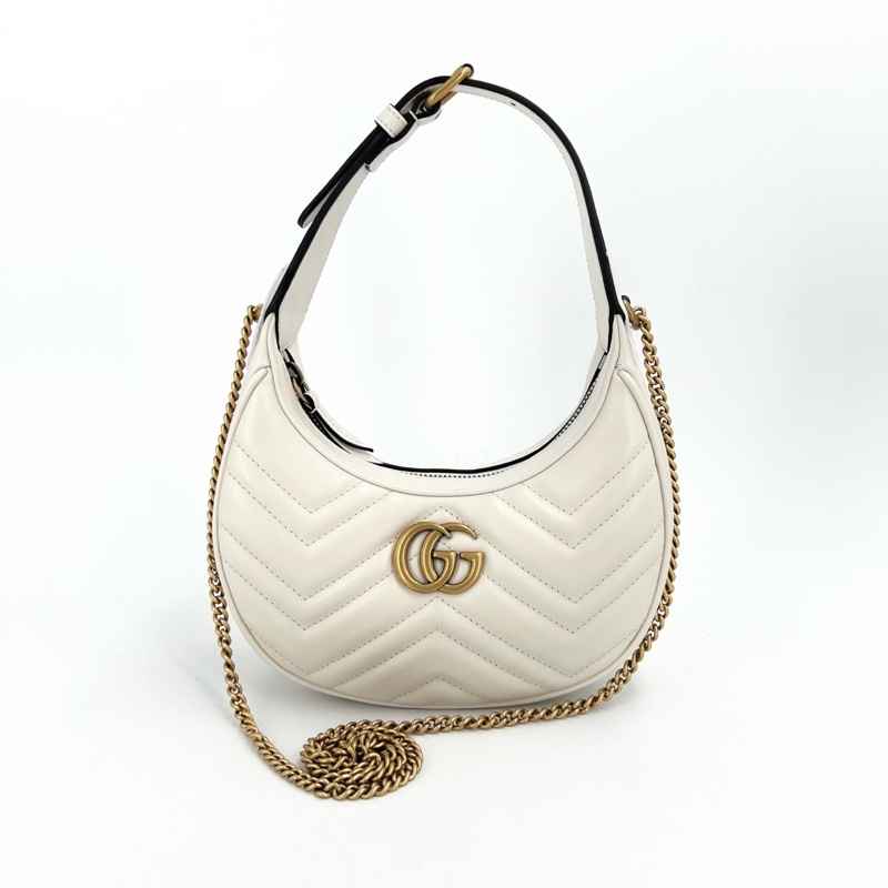 GUCCI 古馳 GG marmont Hobo 月亮包 白 未使用閒置-1
