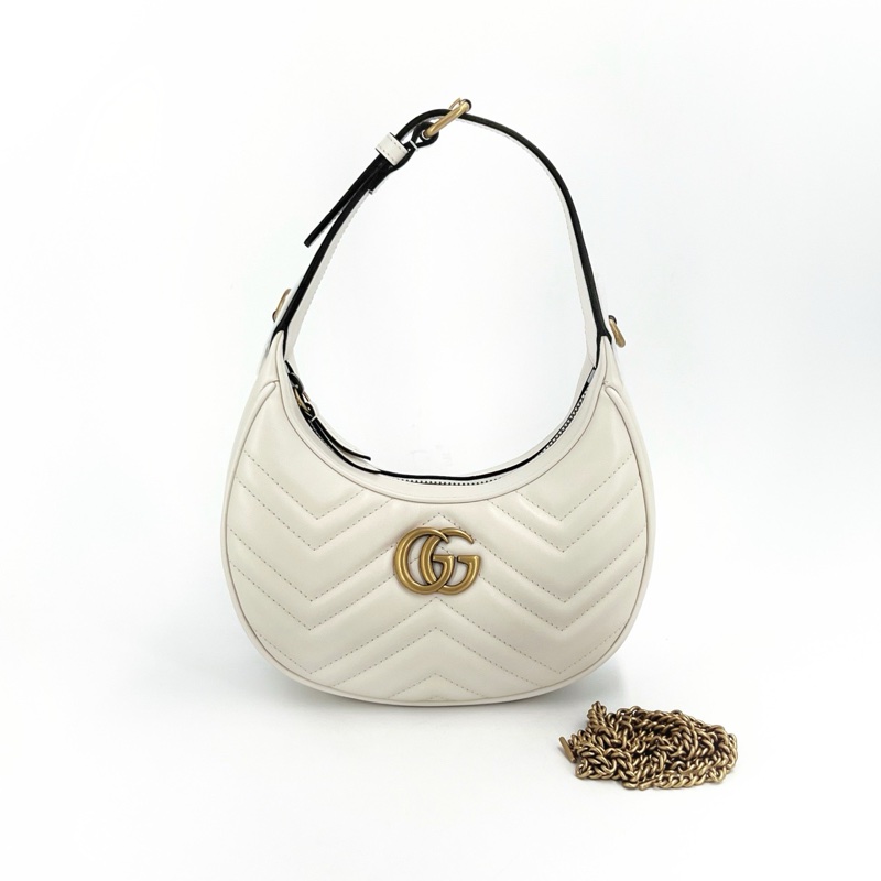 GUCCI 古馳 GG marmont Hobo 月亮包 白 未使用閒置-2