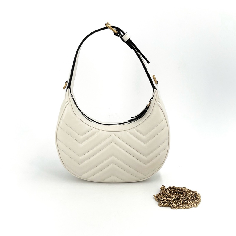 GUCCI 古馳 GG marmont Hobo 月亮包 白 未使用閒置-4