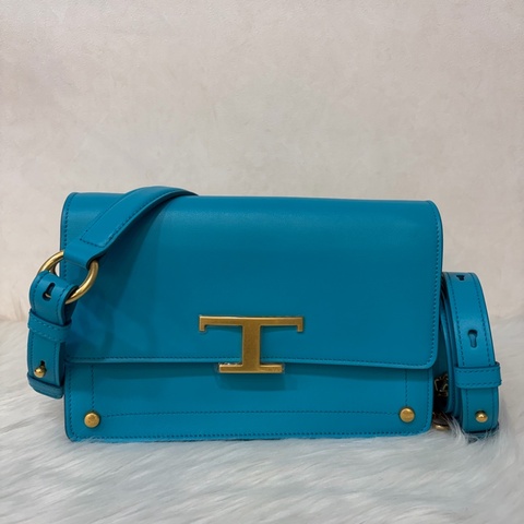 TOD'S TIMELESS 湖水藍 全皮 金釦 肩背包 斜背包 方包