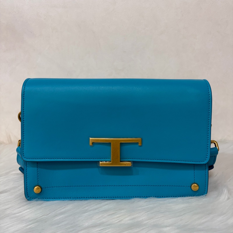 TOD'S TIMELESS 湖水藍 全皮 金釦 肩背包 斜背包 方包-1
