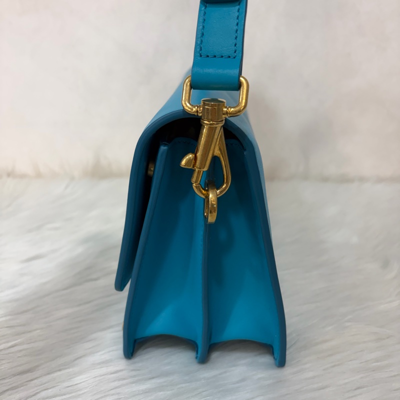 TOD'S TIMELESS 湖水藍 全皮 金釦 肩背包 斜背包 方包-4