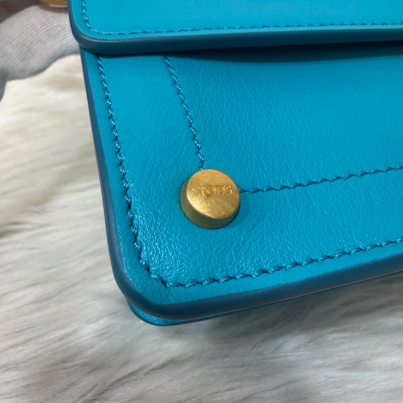 TOD'S TIMELESS 湖水藍 全皮 金釦 肩背包 斜背包 方包-6
