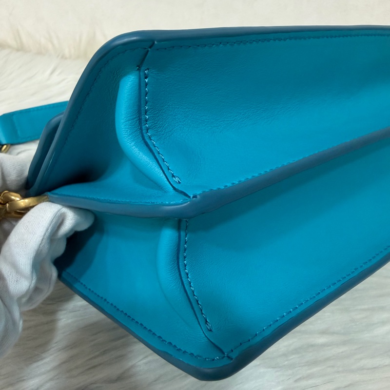 TOD'S TIMELESS 湖水藍 全皮 金釦 肩背包 斜背包 方包-7