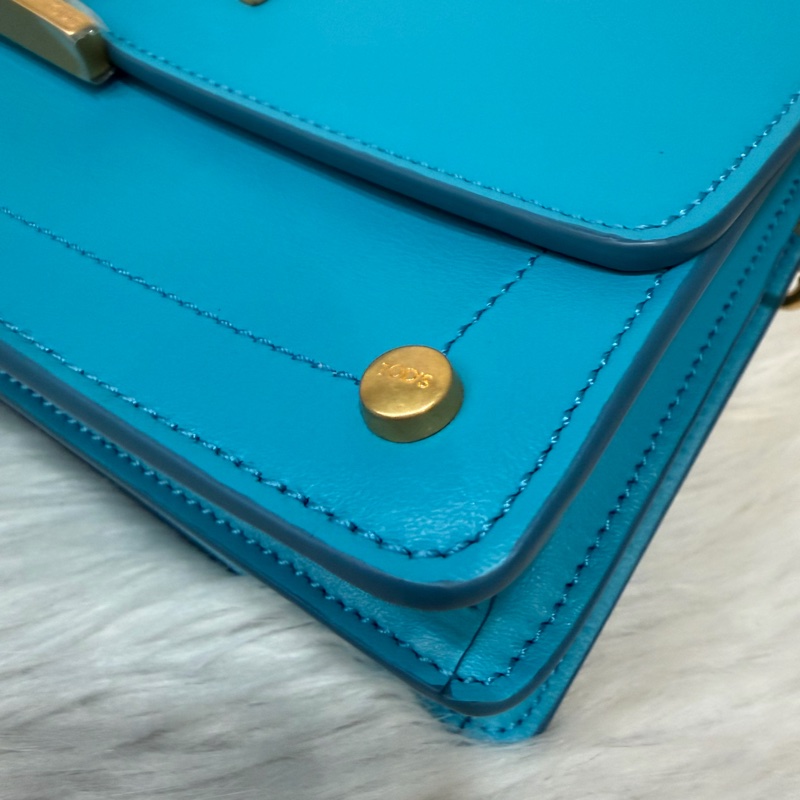 TOD'S TIMELESS 湖水藍 全皮 金釦 肩背包 斜背包 方包-9
