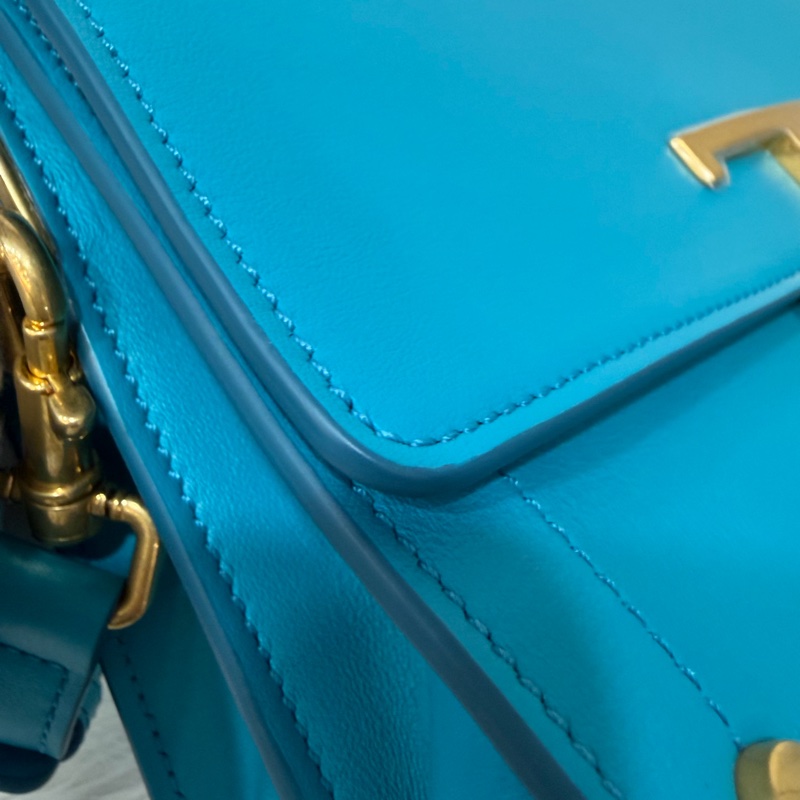 TOD'S TIMELESS 湖水藍 全皮 金釦 肩背包 斜背包 方包-14