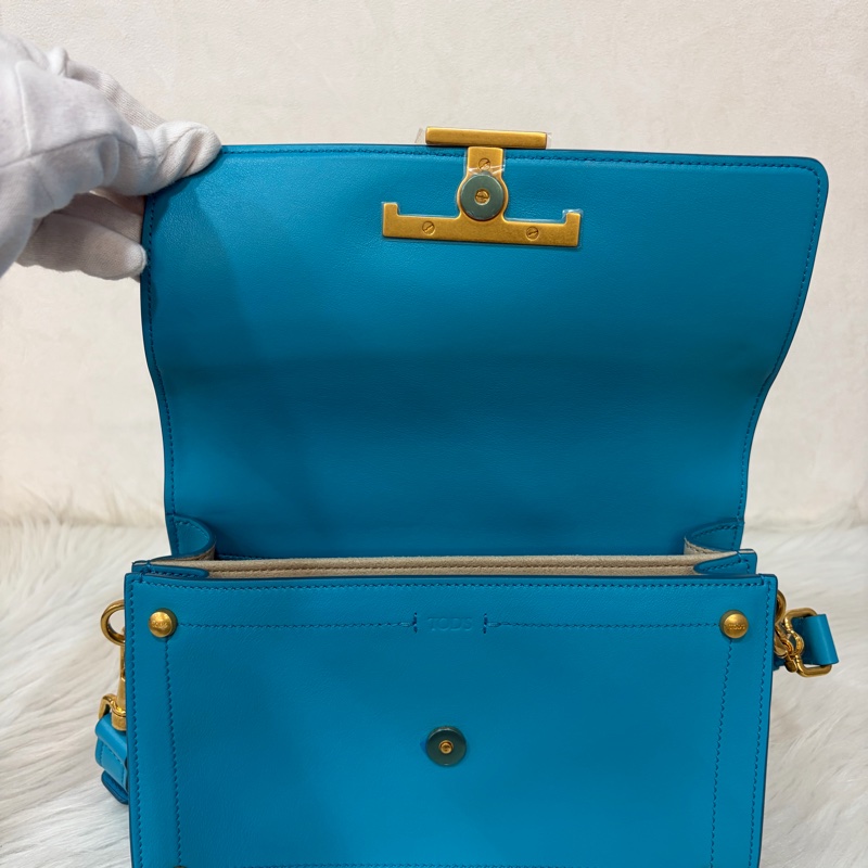 TOD'S TIMELESS 湖水藍 全皮 金釦 肩背包 斜背包 方包-28