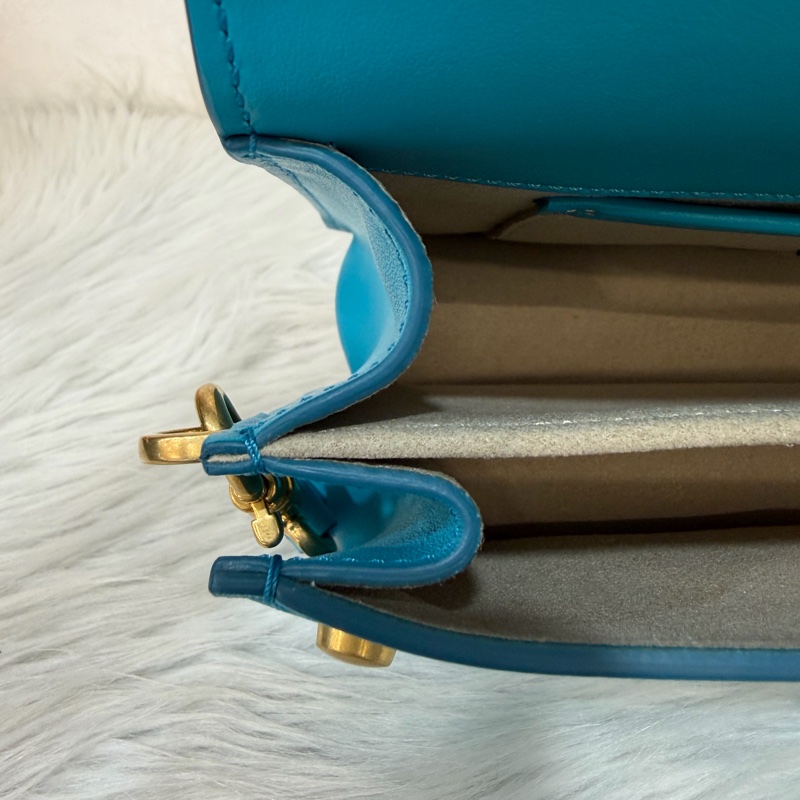 TOD'S TIMELESS 湖水藍 全皮 金釦 肩背包 斜背包 方包-33