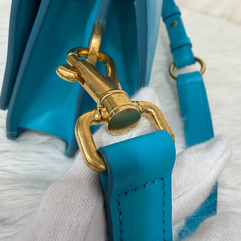 TOD'S TIMELESS 湖水藍 全皮 金釦 肩背包 斜背包 方包-35