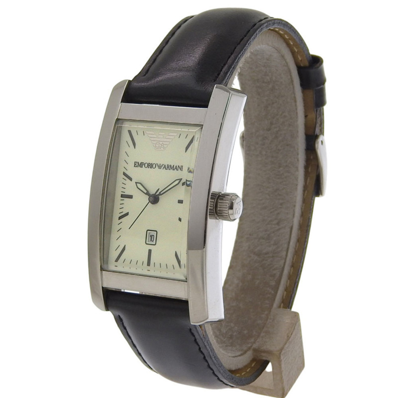 Emporio Armani AR-0101 男士不鏽鋼 x 皮革石英模擬腕錶，白色錶盤-1