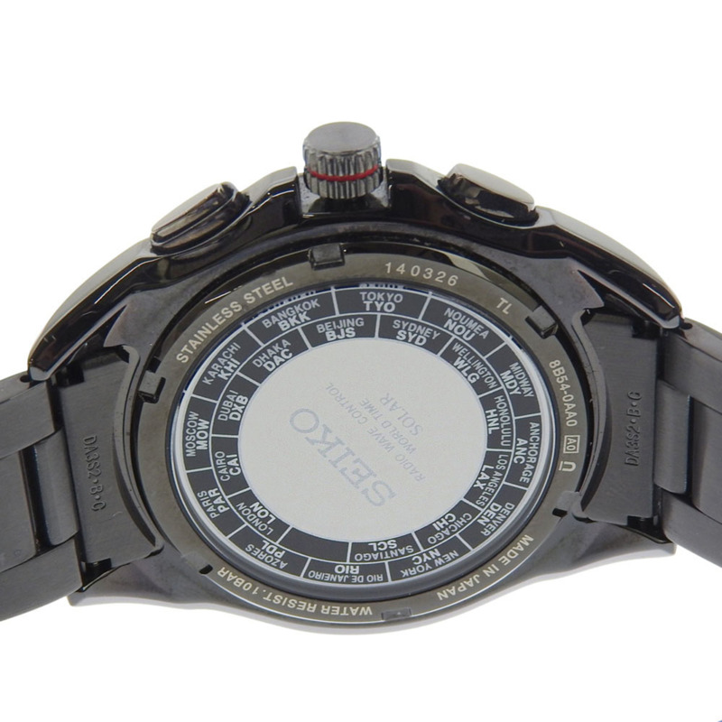 精工 Brightz 系列腕錶，Yu Darvish 型號 8B54-0AA0，不鏽鋼錶殼，黑色錶盤，太陽能動力，電波校時，多指針模擬顯示，黑色錶盤，亮面設計，男士腕錶-5